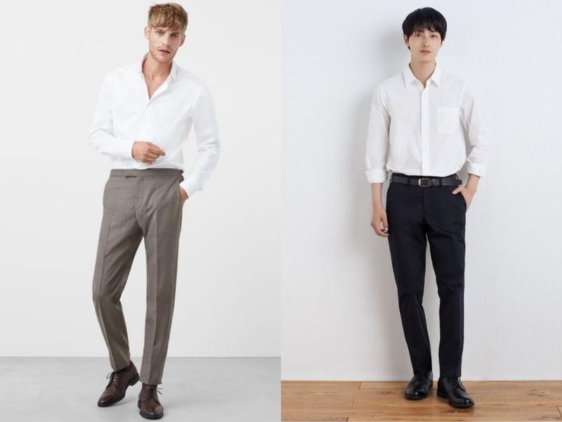 Áo sơ mi và quần âu khi phối cùng giày Derby sẽ tạo nên outfit công sở cuốn hút (Nguồn: muji.com và pinterest.com)