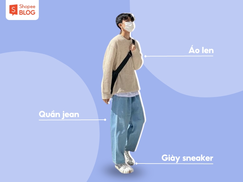 Outfit đi Đà Lạt cho nam với áo len, quần jean và giày sneaker