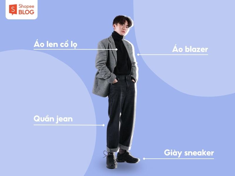 Phối đồ áo cổ lọ nam Hàn Quốc với áo blazer (Nguồn: Shopee Blog)