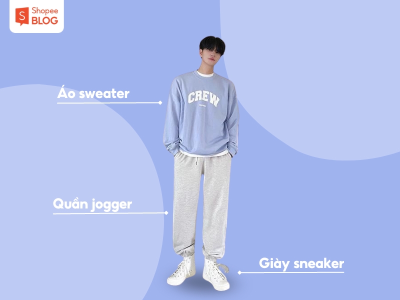 Phối đồ với quần jogger ống rộng và áo sweater (Nguồn: Shopee Blog)