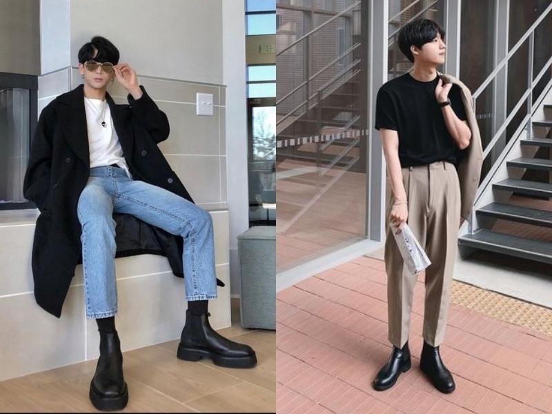 Bạn có thể phối giày chelsea boot với quần âu hoặc quần jean theo 2 phong cách khác nhau (Nguồn: R Collection/Pinterest.com)