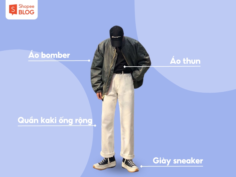 Cách phối đồ với quần kaki ống rộng nam và áo khoác bomber (Nguồn: Shopee Blog)