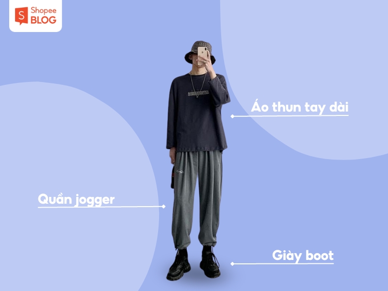 Quần jogger ống rộng phối cùng giày boot sẽ mang lại outfit năng động, cool ngầu (Nguồn: Shopee Blog)