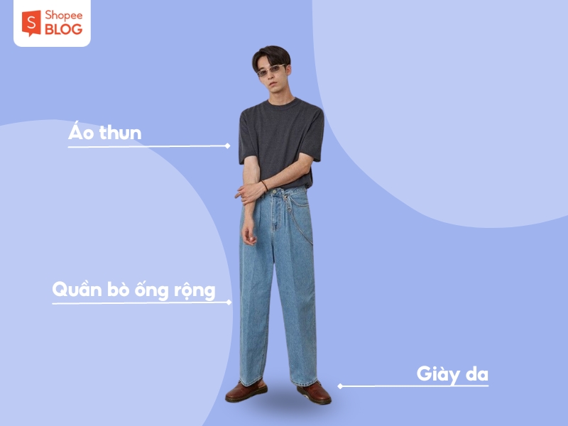 Cách phối đồ đơn giản với quần bò ống rộng và áo thun trơn (Nguồn: Shopee Blog)