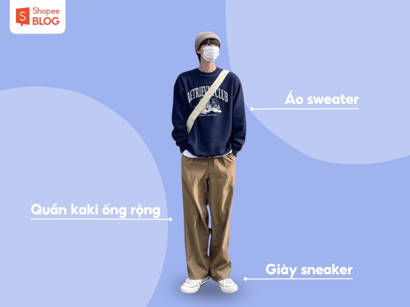 Cách phối quần kaki ống rộng và áo sweater phong cách (Nguồn: Shopee Blog)