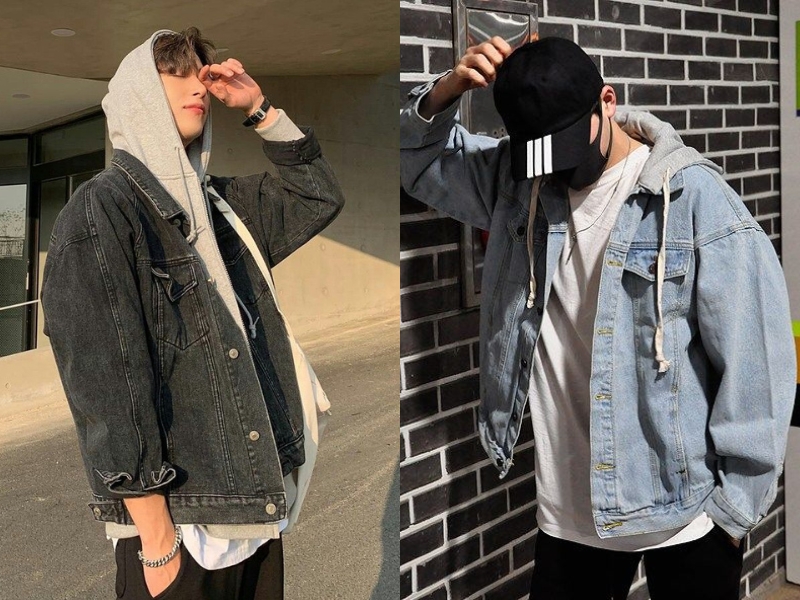 Áo hoodie với áo khoác jean nam tạo hiệu ứng layer đẹp mắt (Nguồn: Coupang)