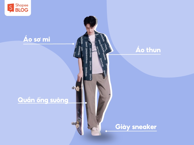 Set đồ nam Trung Quốc với quần suông và áo sơ mi khoác ngoài (Nguồn: Shopee Blog)