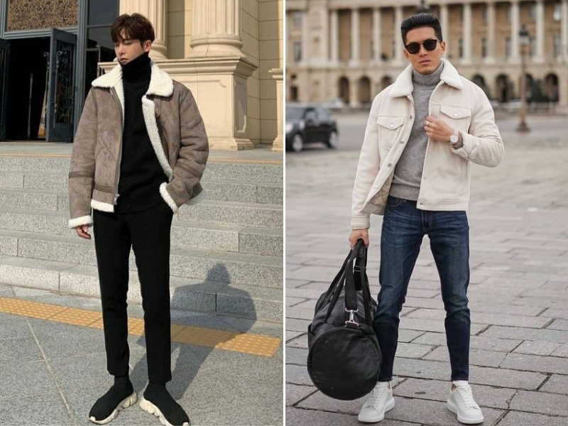 Phối đồ với áo len nam và áo bomber (Nguồn: Pinterest)