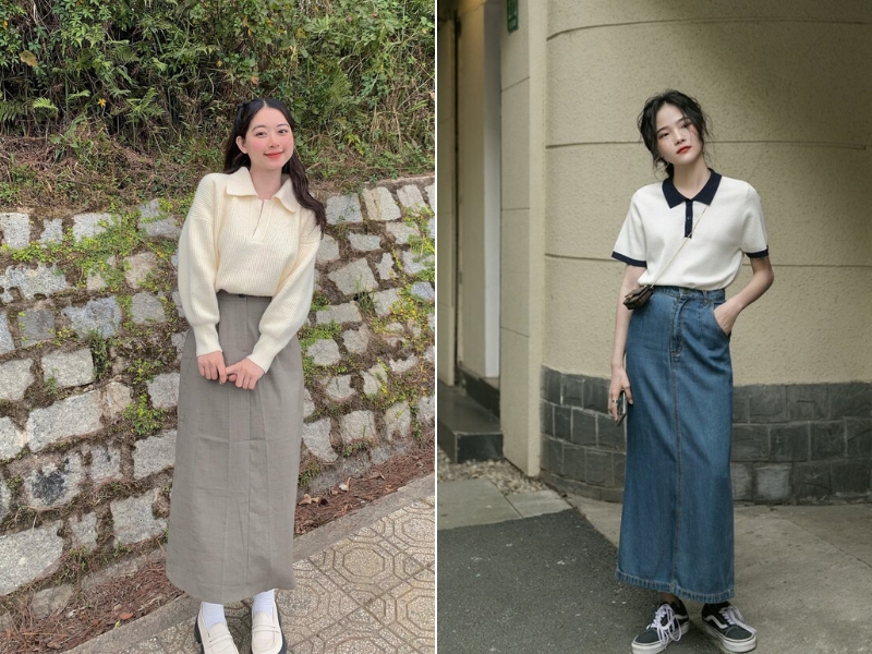 Chân váy chữ A dáng dài phù hợp với những cô nàng thanh lịch (Nguồn: Instagram aprl.14_ / Pinterest Fashionchingsu)