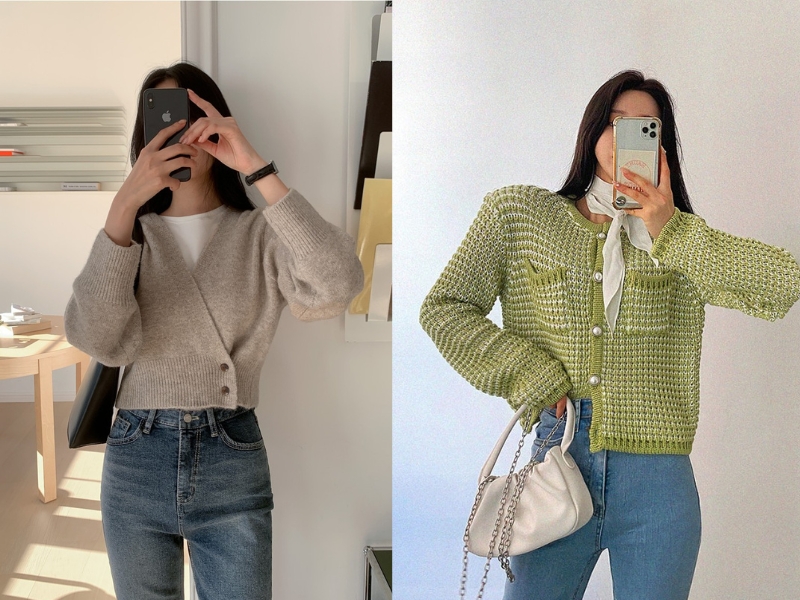 Quần jean là trang phục mang lại hiệu quả tôn dáng khi phối đồ với áo cardigan (Nguồn: Kooding)