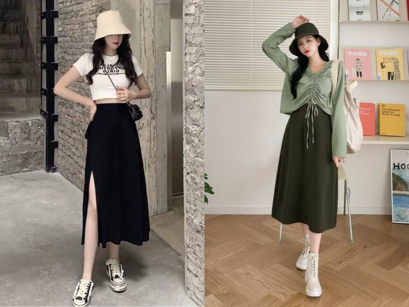 Áo croptop sẽ giúp bạn có set đồ trẻ trung khi phối cùng chân váy midi (Nguồn: RoyalJanee)