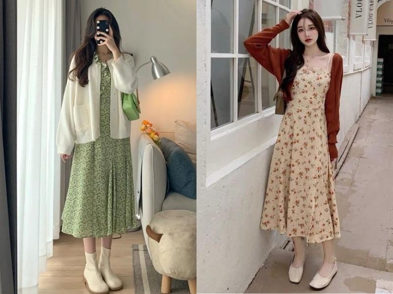 Đầm hoa nhí cũng rất dễ phối với các loại áo khoác cardigan khác nhau (Nguồn: Augenstern và Moonnnnn_1712)