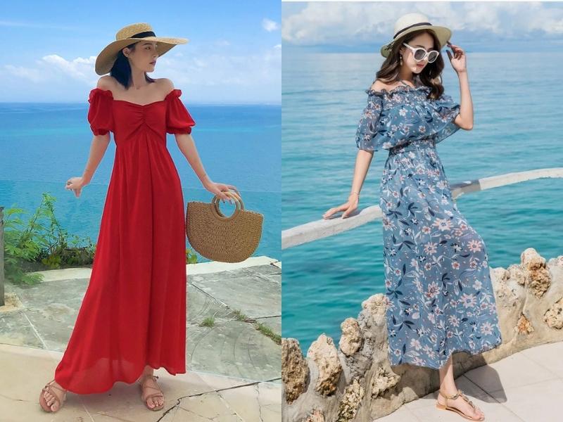 Đầm bẹt vai maxi được các bạn nữ yêu thích khi lựa chọn trang phục đi biển (Nguồn: madamhien.vn và msquare.vn)