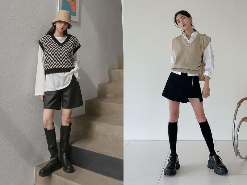 Áo len gile phối cùng giày boot hoặc giày Oxford cũng tạo nên outfit nữ cool ngầu (Nguồn: Michelle Berenice và afamily.vn)
