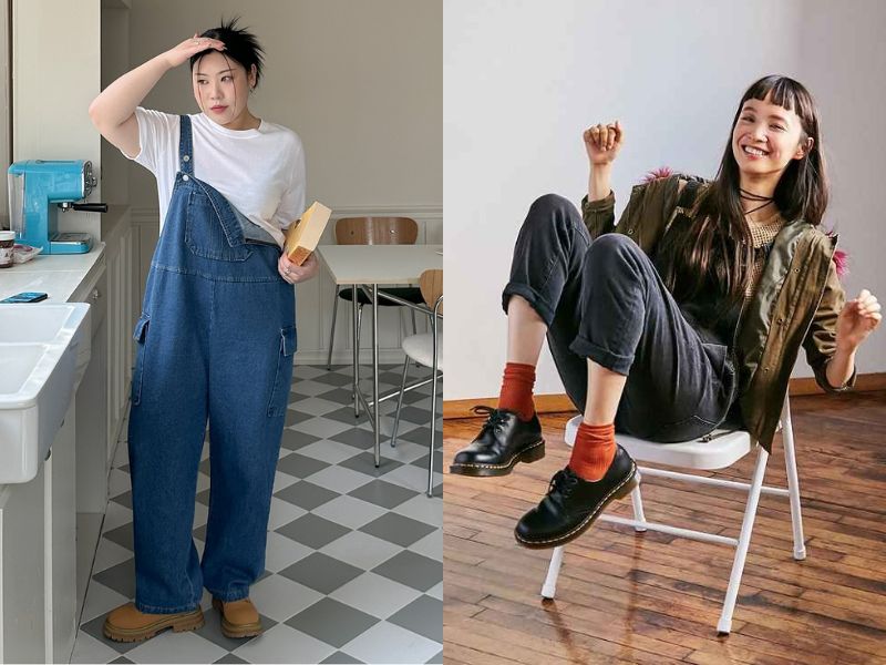 Quần yếm và giày Oxford tạo nên tinh thần cổ điển (Nguồn: kooding.com & Urban Outfitters/ Pinterest)