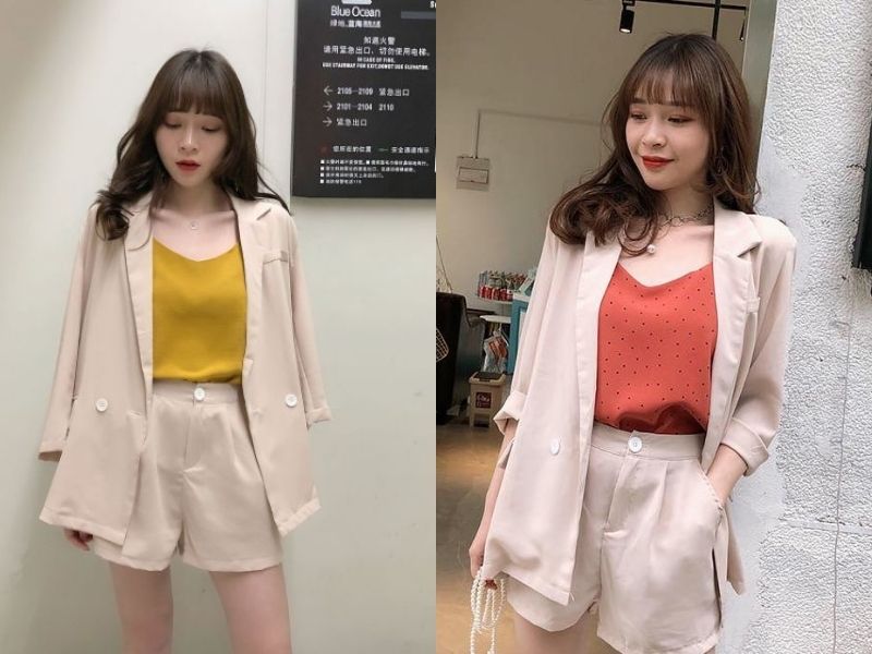 Áo blazer nữ phối đồ cùng với áo hai dây mang đến vẻ đẹp trang nhã (Nguồn: Eva.vn/ Shopee Blog)