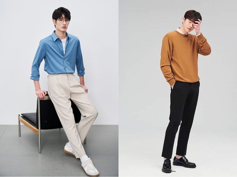 Với tone da sáng màu, các bạn nam có thể chọn áo có tone màu trung tính đến sáng như xanh, nâu,... (Nguồn: NUUNstudio và ZioZia)