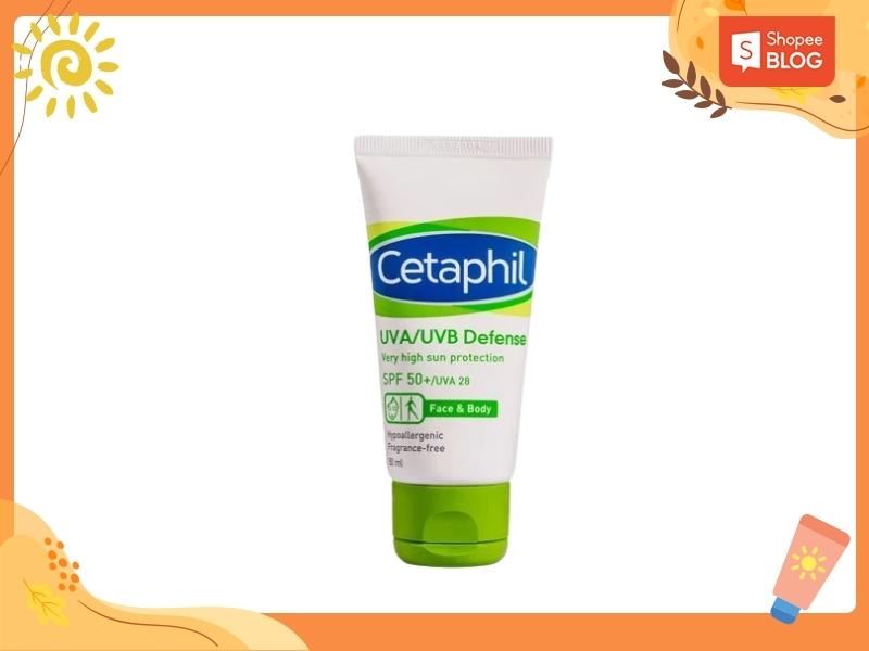 Kem chống nắng cho da nhạy cảm Cetaphil UVA/UVB Defense SPF 50+ được sản xuất với công thức chuyên biệt và thành phần lành tính (Nguồn: Shopee Blog)