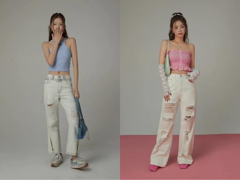 Quần jeans trắng phối với áo gì? Bạn có thể chọn các áo màu nổi để phối cùng quần màu trắng (Nguồn: chuumade.com)