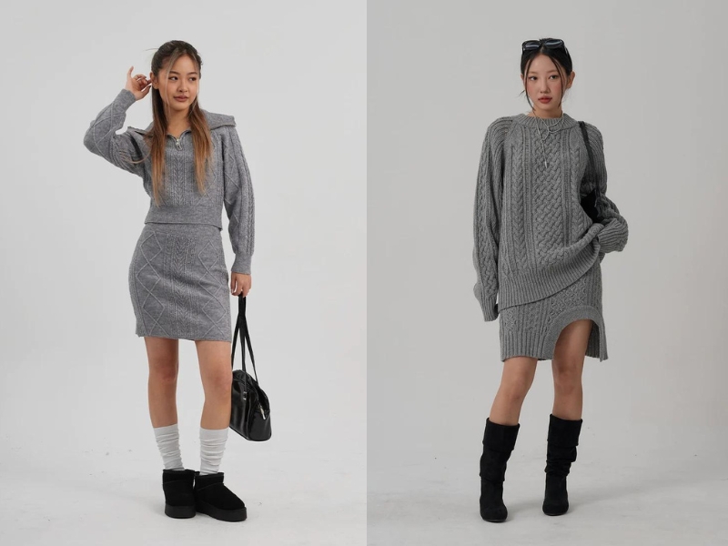 Chân váy len túi ốp vặn thừng Grey