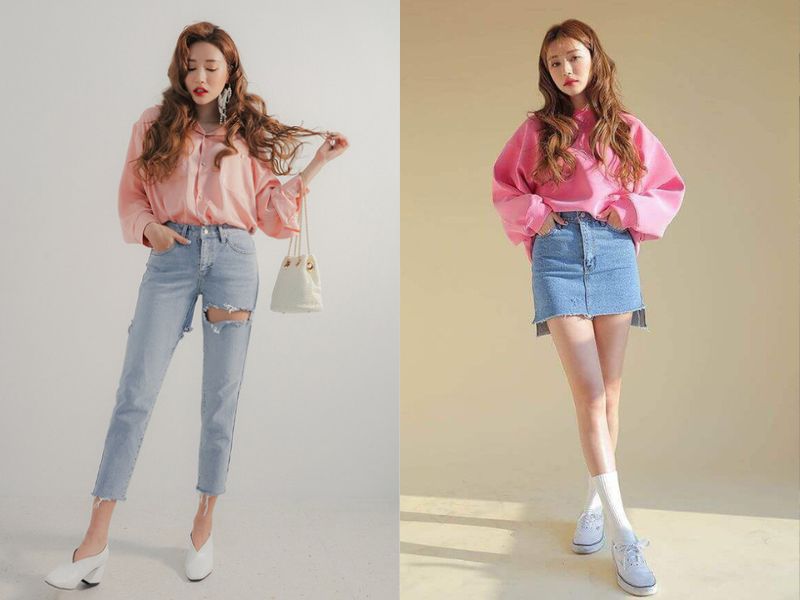 Đồ jeans xanh dương có thể mặc cùng với áo sơ mi hoặc áo thun hồng (Nguồn: Xưởng May Atlan/ Gạo House) 