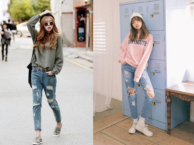 Năng động và đơn giản với quần jean rách và áo sweater (Nguồn: ALONGWALKER/ Báo Phụ Nữ)