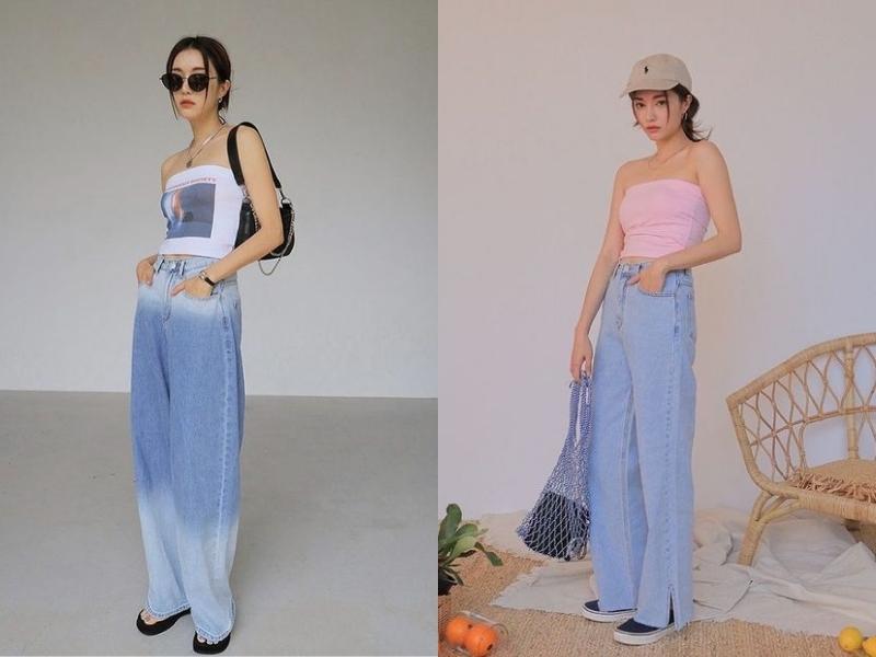 Lên đồ cá tính cho nấm lùn với quần jeans ống rộng cạp cao (Nguồn: en.stylenanda.com)