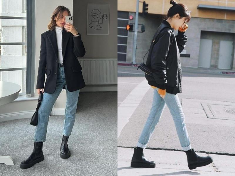 Khi diện quần jeans cùng giày boot đế bệt, bạn sẽ toát lên nét nữ tính nhưng vẫn giữ được sự cá tính (Nguồn: yesstyle.com và Linz/pinterest.com)