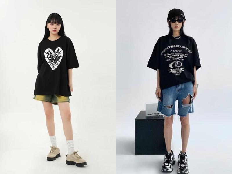 Áo thun oversize có thể kết hợp với quần short giúp set đồ trở nên năng động hơn (Nguồn: lewkin.com và munissa)