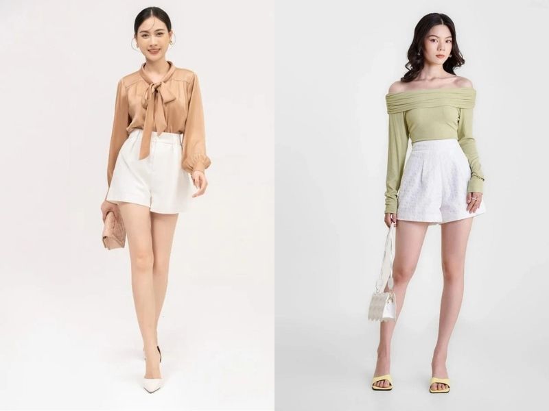 Quần short trắng mặc cùng sơ mi hoặc áo kiểu khi đi làm (Nguồn: New Fashion & Marc Fashion) 