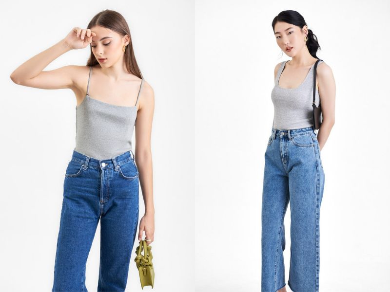 phối vật dụng với áo xám nữ giới và quần jeans xanh rớt dương