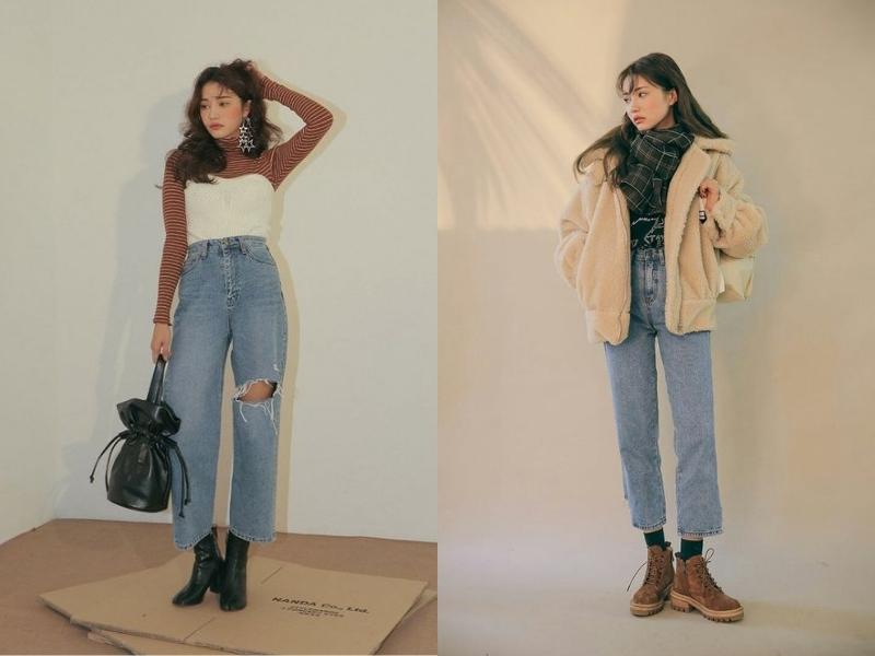Cách phối đồ giữa quần jeans cạp cao và boot cổ thấp là một lựa chọn thời trang rất phổ biến (Nguồn: en.stylenanda.com)