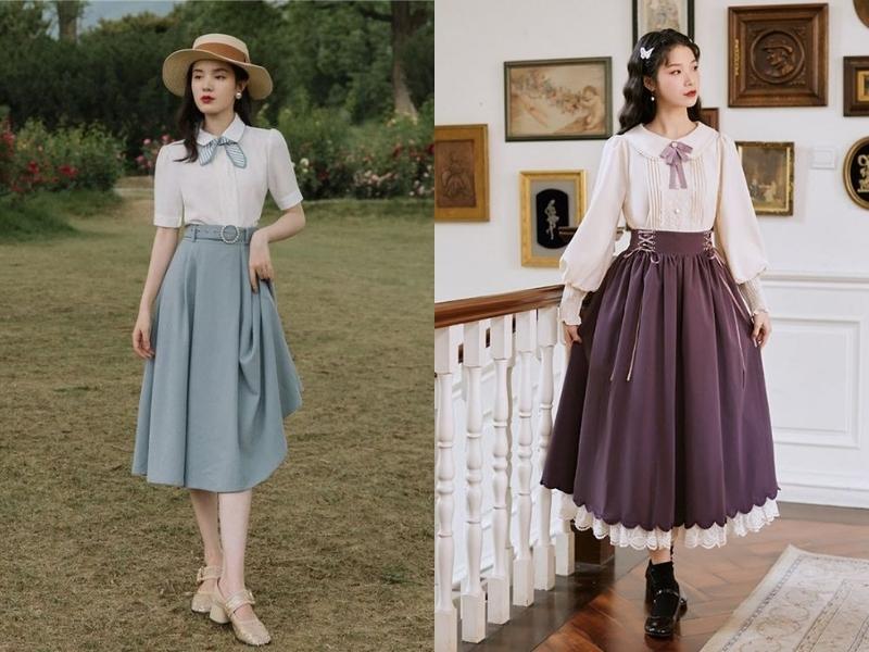 Chân váy midi vintage sẽ giúp bạn trông thật đẹp và sang trọng (Nguồn: yesstyle.com & lolitawardrobe.com)