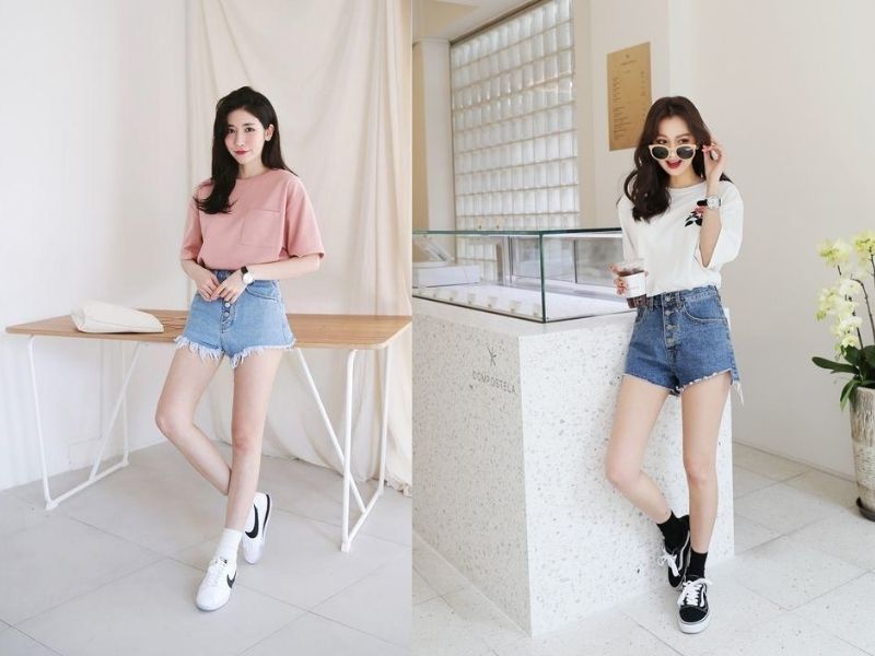 Đơn giản và thoải mái khi phối áo thun với quần short (Nguồn: Xưởng may Tatun & Bumshop) 