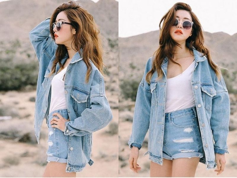 Quần short jean nữ phối đồ cùng áo khoác jeans tạo ra vẻ cool ngầu (Nguồn: cleanipedia.com)