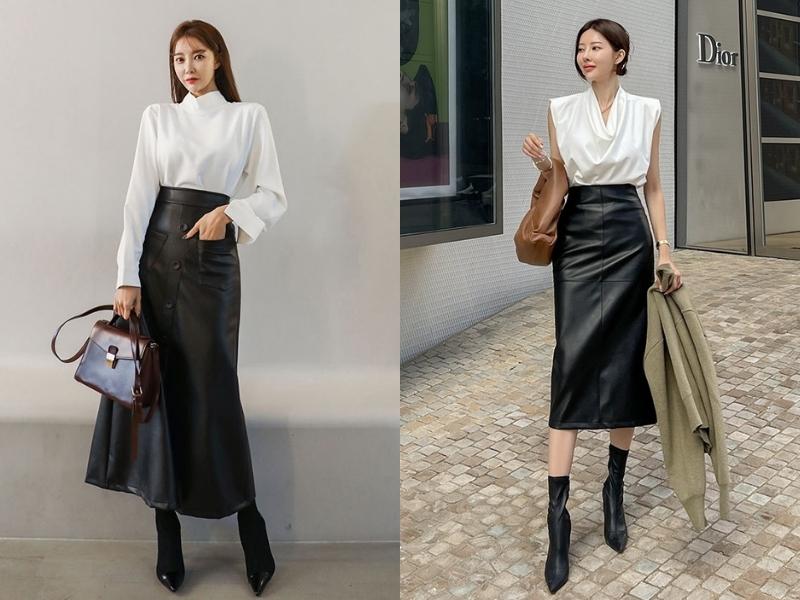 Chân váy da dáng dài sẽ phù hợp hơn với các bạn nữ có chiều cao lý tưởng (Nguồn: Linz và Mint.Tang/pinterest.com)
