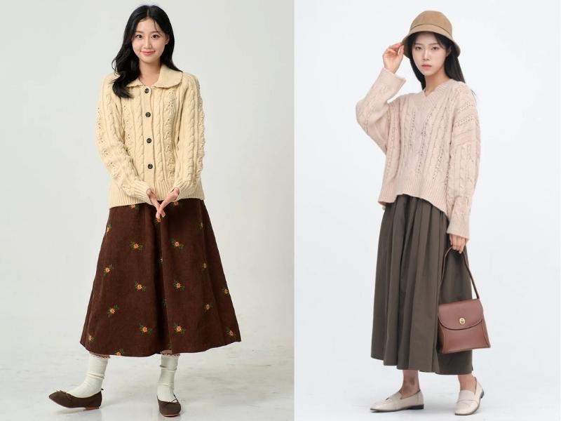 Phối đồ với chân váy dài vintage màu nâu (Nguồn: lewkin.com)