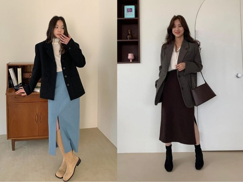 Áo blazer và váy xẻ tà cũng có thể tạo nên một tổng thể trẻ trung, năng động (Nguồn: The Cloth/ TintucOnline)