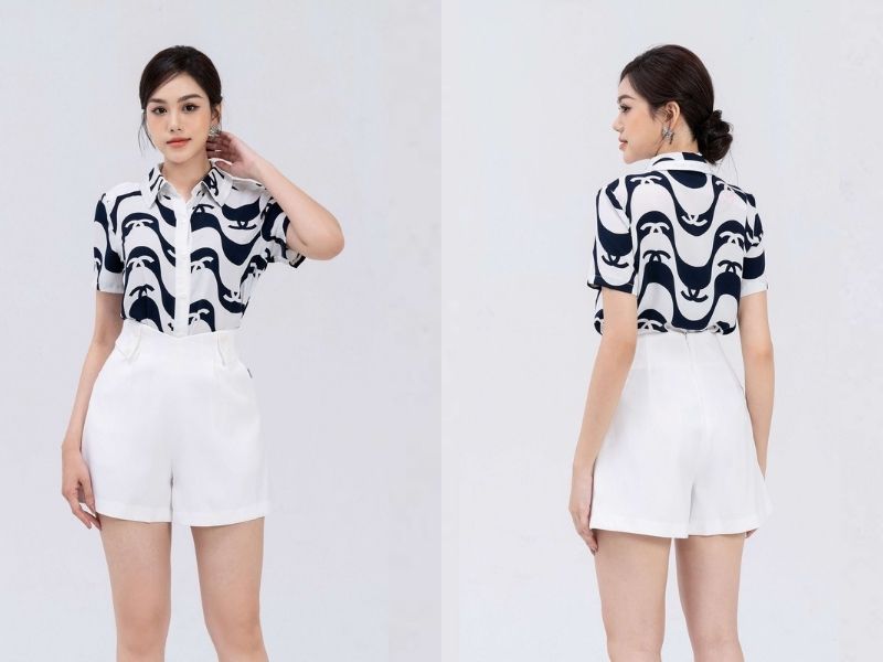 Áo sơ mi họa tiết cũng phù hợp với quần short trắng (Nguồn: Liin Clothing) 