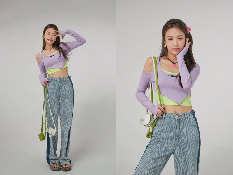 Layer thêm một lớp áo croptop xanh lá ở bên trong giúp trang phục màu tím của bạn thêm phần thời thượng (Nguồn: Chuu)