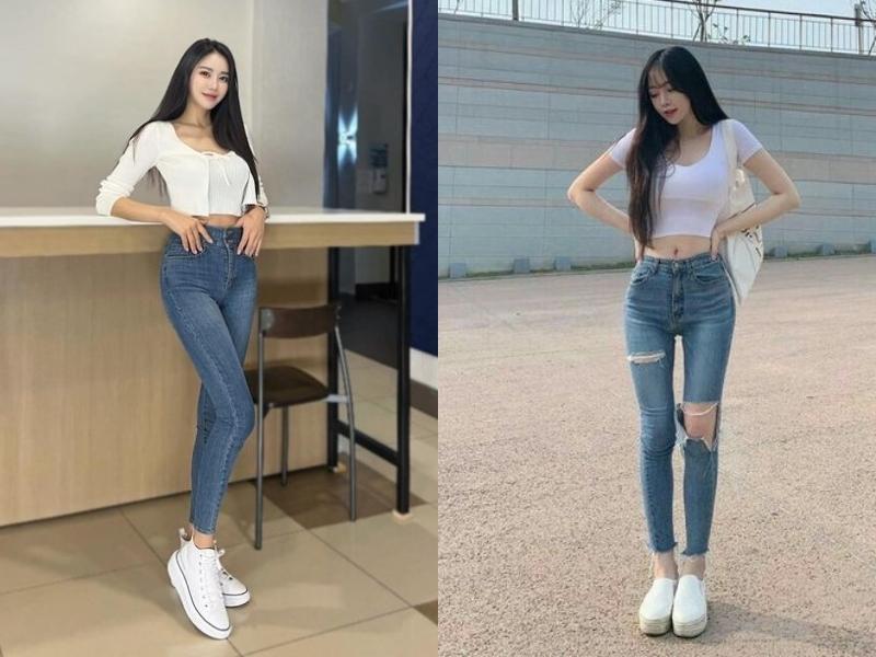 Quần jeans ôm lưng cao có thiết kế phần cạp cao hơn, giúp bạn hack dáng hiệu quả (Nguồn: Jun và d/pinterest.com)