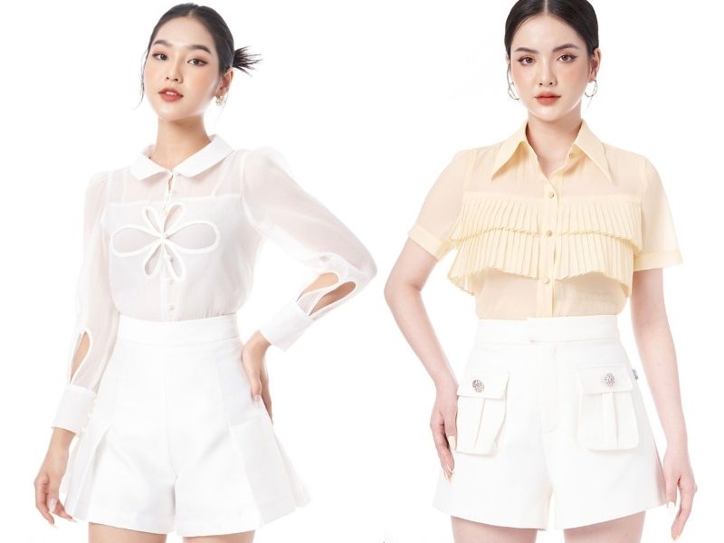 Quần short trắng mặc cùng áo vải voan đầy điệu đà (Nguồn: Liin Clothing) 