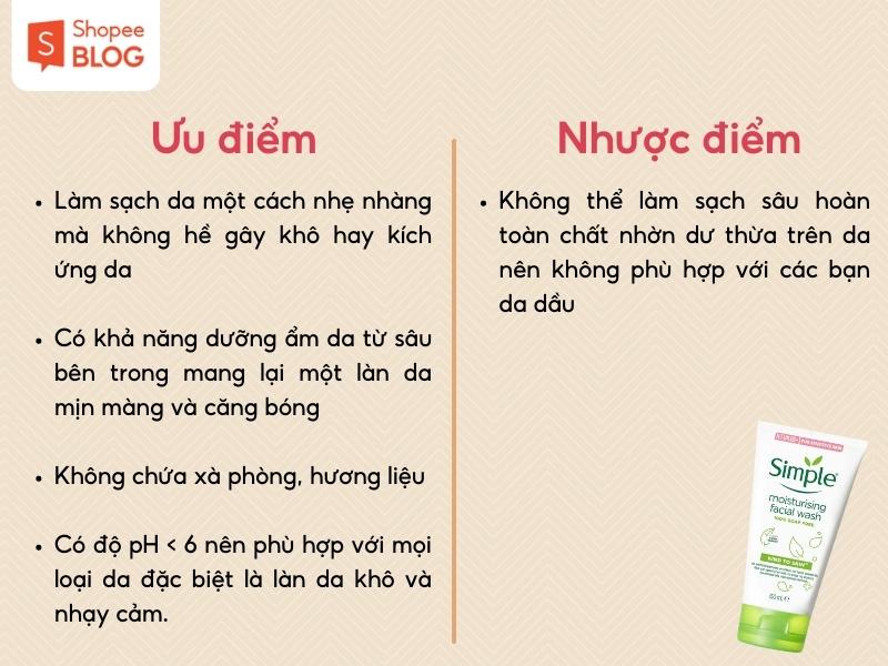 Ưu và nhược điểm của sữa rửa mặt Simple Moisturising Facial Wash (Nguồn: Shopee Blog)