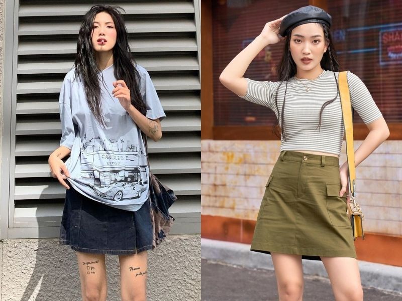 Mix áo thun và chân váy chữ A là kiểu phối đồ “kinh điển” giúp tạo nên outfit năng động, trẻ trung (Nguồn: Shopee.vn)