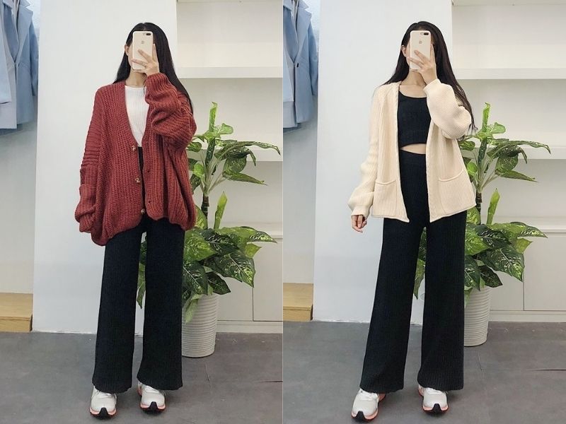 Khi phối đồ với quần ống suông nữ và áo cardigan, chỉ cần biến đổi chất liệu là có ngay phong cách khác nhau (Nguồn: Việt Giải Trí)