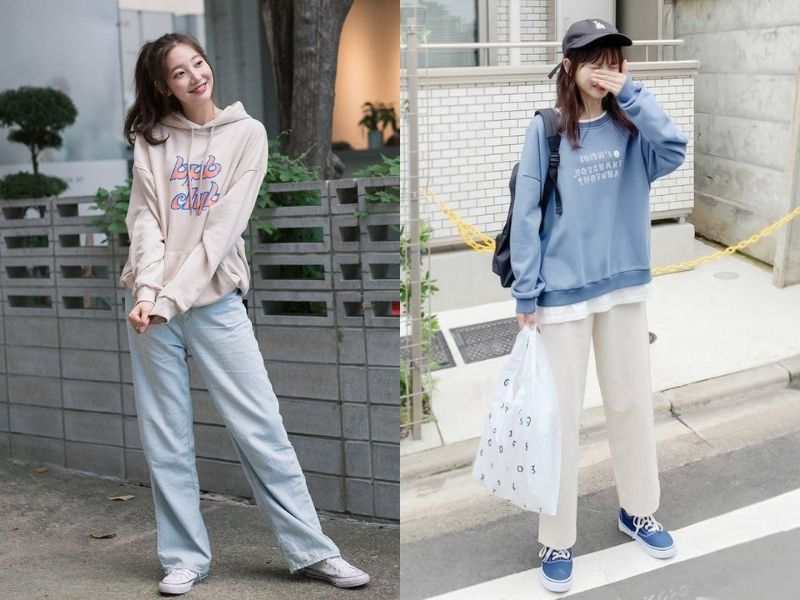 Áo sweater hoặc áo hoodie rất hợp mặc cùng quần ống suông (Nguồn: Đồng Phục Hải Anh/ Bảo Duyên Baby House) 