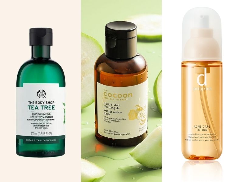 Các loại toner cho da dầu mụn (Nguồn: The Body Shop, The Cocoon, D.Program)