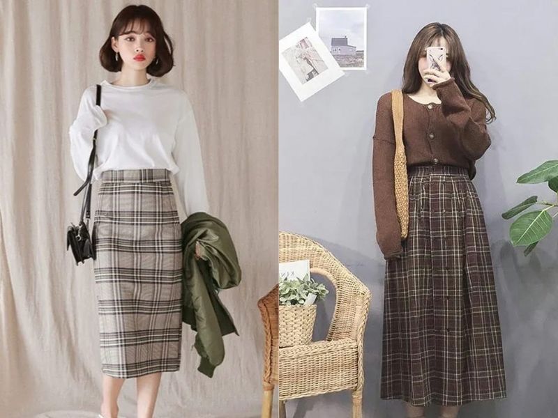 Chân váy caro dáng dài là item vintage được nhiều cô nàng yêu thích (Nguồn: tidebuy.com - Mija Blue)