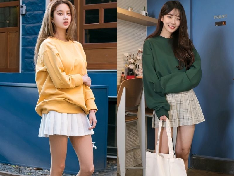 phối đồ với chân váy tennis mùa đông với áo sweater