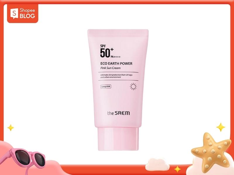 Kem chống nắng The SAEM Eco Earth Power Pink có khả năng chống lại tác hại tia cực tím trong 4 giờ liền. (Nguồn: Shopee Blog)